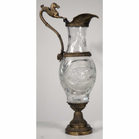 Winged Horse Handled Large Bronze and Decorative Glass Jug