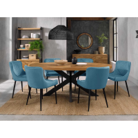 Ellipse Rustic Oak 6 Seater Dining Table And 6 Cezanne Petrol Blue Velvet Fabric Chairs with Sand Black Powder Coated Legs