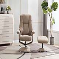 Modern Beige Cream Fabric Swivel Recliner Armchair Footstool set Chrome Trim Base