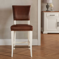Ivory Painted Kitchen Breakfast Bar Stool Rustic Tan Brown Faux Leather Upholstery