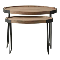 Modern Oval Natural Mango Wood Nest of 2 Side Occasional Tables Black Metal Legs