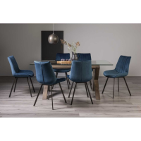 Turin Glass 6 Seater Kitchen Dining Set Dark Oak Legs with Fontana Blue Velvet Fabric Chairs