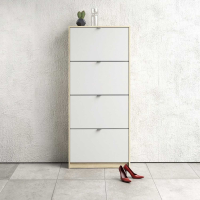Oak and White 2 Layers Shoe Cabinet With 4 Tilting Doors 162cm Tall