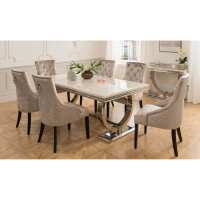 Large Cream Marble Top Arianna Dining Table Polished Stainless Steel Base 200cm