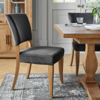 Pair of Rustic Oak Dining Chairs Grey Velvet Fabric Upholstery with Stud Edge Detail