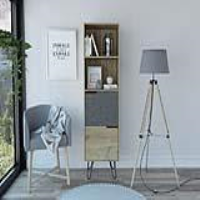 Retro Tall Bleached Pine and Grey Stone Finish 2 Door Open Shelf Bookcase 170x51x39.6cm