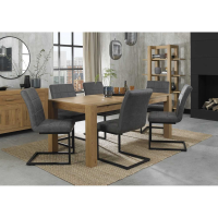 Turin Light Oak 8 to 10 Seater Extending Dining Set 6 Distressed Dark Grey Fabric Cantilever Chairs