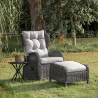 Grey Rattan Outdoor Garden Reclining Armchair and Footstool Set Metal Framed