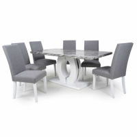Modern Marble Top Large Rectangular Dining Table Set with 6 Silver Grey Dining Chairs