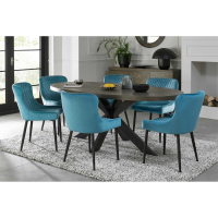 Dark Oak 6 Seater Kitchen Oval Dining Table Set Cross Legs 6 Blue Velvet Fabric Chairs