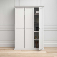 Modern White 3 Door Triple Wardrobe with Shelves Metal Round Knobs