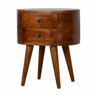 Traditional Round Edge Mango Wood Chestnut Finish 2 Drawer Bedside Cabinet Table 54x45cm