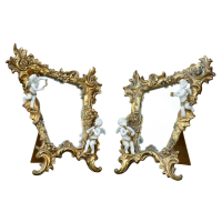 Vintage Pair Of Gold Gilt Leaf Bevelled Table Mirrors With White Cherubs