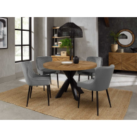 Rustic Oak Small 4 Seater Kitchen Dining Table Set Cross Legs 4 Grey Velvet Fabric Chairs