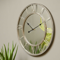 Modern Distressed Grey Metal Framed Beaded Mirrored Glass Round Wall Clock 70 x 70cm