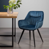 Pleated Back Pattern Petrol Blue Velvet Fabric Upholstered Dining Armchair on Black Legs