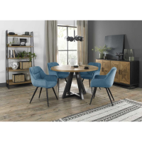 Rustic Oak Round Dining Table Set with 4 Blue Velvet Tub Dining Chairs