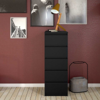 Modern Matt Black Slim Narrow 5 Drawer Chest of Drawers Recessed Handles