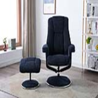 Modern Dark Blue Fabric Swivel Recliner Armchair Footstool set Chrome Trim Base