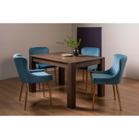 Turin Dark Oak Medium Extending Kitchen Dining Set 4 Petrol Blue Velvet Fabric Chairs