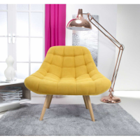 Retro Funky Yellow Chenille Fabric Accent Armchair On Natural Wood Legs