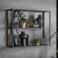 Modern Geometric Grey Metal and Glass Small Open Wall Hanging Shelf Display Unit