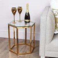 Hexagon Geometric Gold Stainless Steel End Lamp Side Table Toughened Glass Top