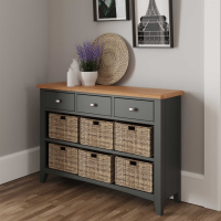 Solid Wood Dark Grey Painted 3 Drawer 6 Basket Unit Cabinet Sideboard Oak Top