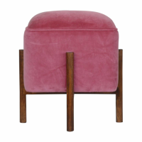 Pink Velvet Footstool With Solid Wood Legs