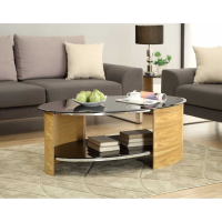 San Marino Minimalist Oak Coffee Table with Black Glass Top and Wooden Body 45.7x119.4cm