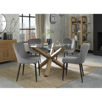 Modern Round Dining Table Set Clear Glass Light Oak Legs 4 Grey Velvet Chairs