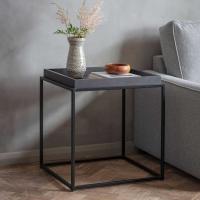Grey Wooden Tray Side Table on Modern Geometric Black Metal Legs