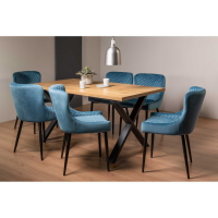 Ramsay Rustic Oak Effect Melamine 6 Seater 160cm Dining Table Set on X Leg 6 Cezanne Petrol Blue Velvet Fabric Chairs