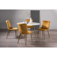 Round White Marble Effect Glass 120cm 4 Seater Dining Table Set Mustard Fabric Chairs