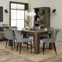 Dark Oak 6 Seater 180cm Medium Dining Room Table Set 6 Grey Velvet Fabric Chairs