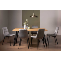 Ramsay Rustic Oak Effect Melamine 6 Seater 160cm Medium Kitchen Dining Set And 6 Mondrian Grey Velvet Fabric Chairs