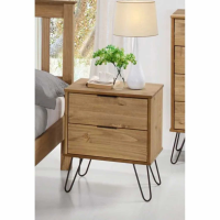 Waxed Pine 2 Drawer Bedside Cabinet Chest Hairpin Metal Legs 45cm Wide