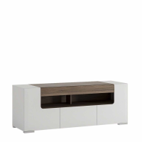 Retro Wide White and Oak 2 Door 1 Drawer TV Cabinet With Recessed Handles 52.5x140cm