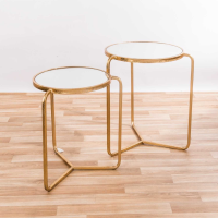 Modern Style Parisienne Gold Metal Gilt Leaf Set Of Two Mirrored Nesting Tables 51x41cm