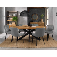 Ellipse Rustic Oak 6 Seater Dining Table And 6 Cezanne Grey Velvet Fabric Chairs with Sand Black Powder Coated Legs