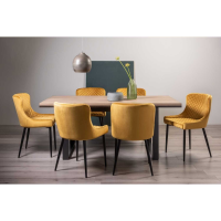 Retro Weathered Oak 190 to 240cm Extending Dining Table Set 6 Mustard Fabric Chairs