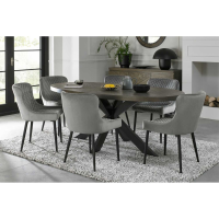 Dark Oak 6 Seater Kitchen Oval Dining Table Set Cross Legs 6 Grey Velvet Fabric Chairs