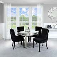 Apollo Silver Mirrored 120cm Round Dining Set With 4 Tufted Back Black Chairs