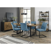 Large Modern Rustic Oak Extending Dining Table Set 6 Blue Fabric Chairs