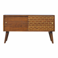 Nordic Style Mango Wood Chestnut Sliding Cabinet With Gold Patterned Door Front 50 x 88cm