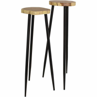 Set Of 2 Tall Slim Pillar Acacia Wood Side Lamp Tables Sleek Black Metal Legs