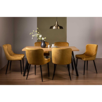 Rustic Oak Effect Melamine 160cm Dining Table Set 6 Mustard Velvet Fabric Chairs