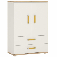 Kids Modern White High Gloss and Light Oak 2 Door 2 Drawer Cabinet With Orange Handles