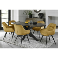 Dark Oak Large 200cm Seater Oval Dining Room Table Set 6 Mustard Velvet Fabric Chairs