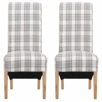 Set of 6 Grey Brown Tartan Checked Fabric Dining Chairs Light Oak Legs High Scroll Back